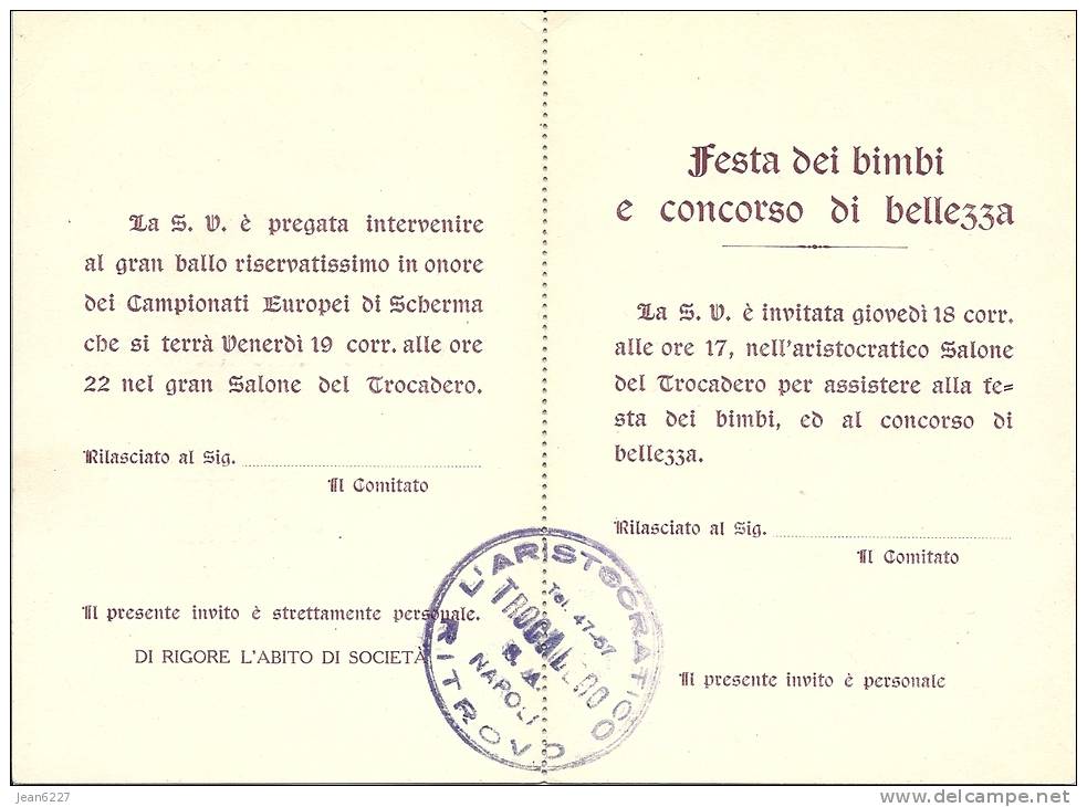 Invitation Au Bal Donné En L´honneur Des Championnats D´escrime Européens à Scherina (région De Naples, Italie) - Escrime