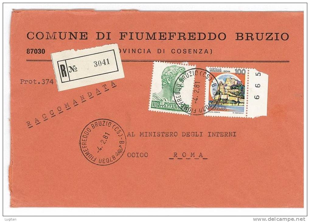 FIUME FREDDO BRUZIO CAP 87030 PROV. COSENZA - ANNO 1981  R - CALABRIA  -TEMATICA COMUNI D'ITALIA - STORIA POSTALE. - Macchine Per Obliterare (EMA)