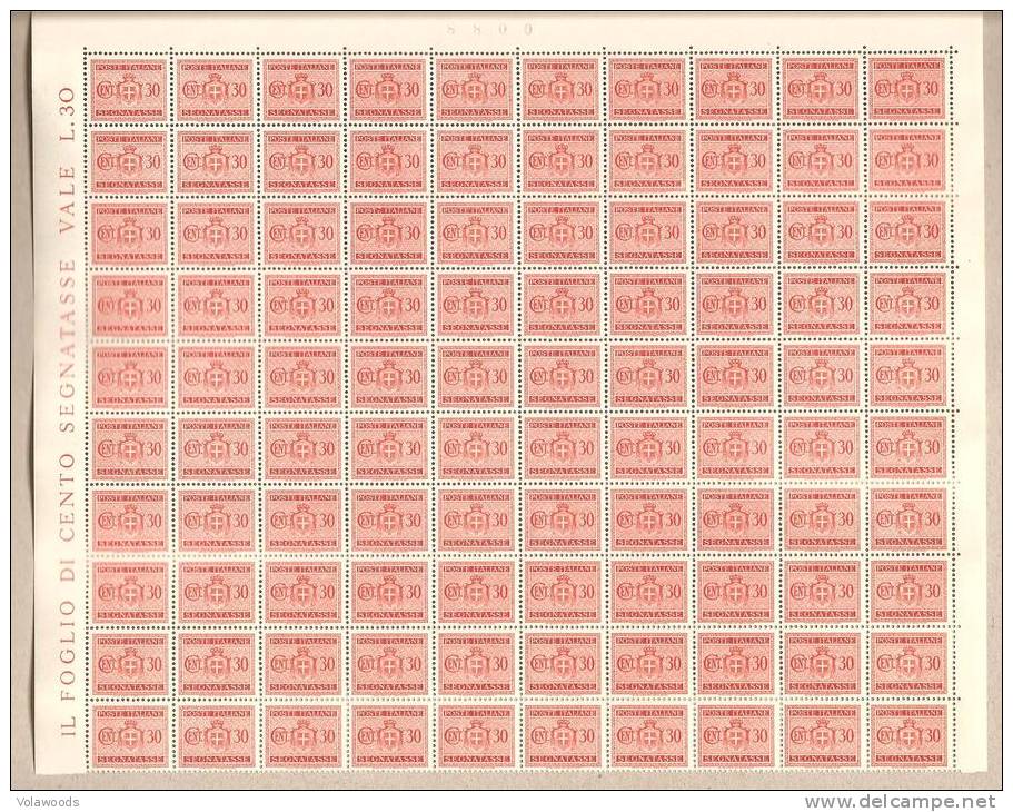 Italia - Foglio Completo Nuovo: Segnatasse Da 30 Centesimi - 100 F.bolli - Senza Filigrana - 1945 - Portomarken