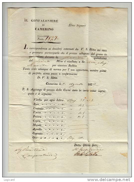 DA CAMERINO A CAMPOROTONDO GONFALONIERE DI CAMERINO PREZZO DEL GRANO E DELLE CARNI 1852 - 1. ...-1850 Prefilatelia