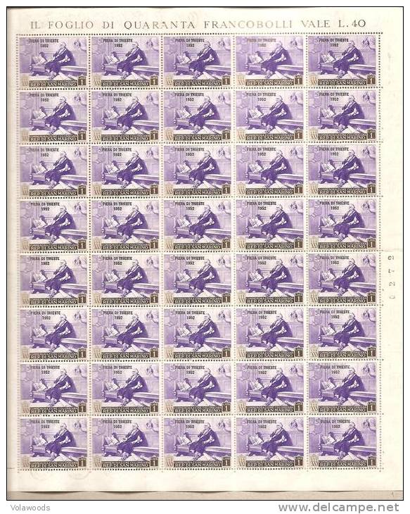 San Marino - Foglio Completo Nuovo: Fiera Di Trieste - Valore Da 1 Lira  - 40 F.bolli - 1952 - Unused Stamps