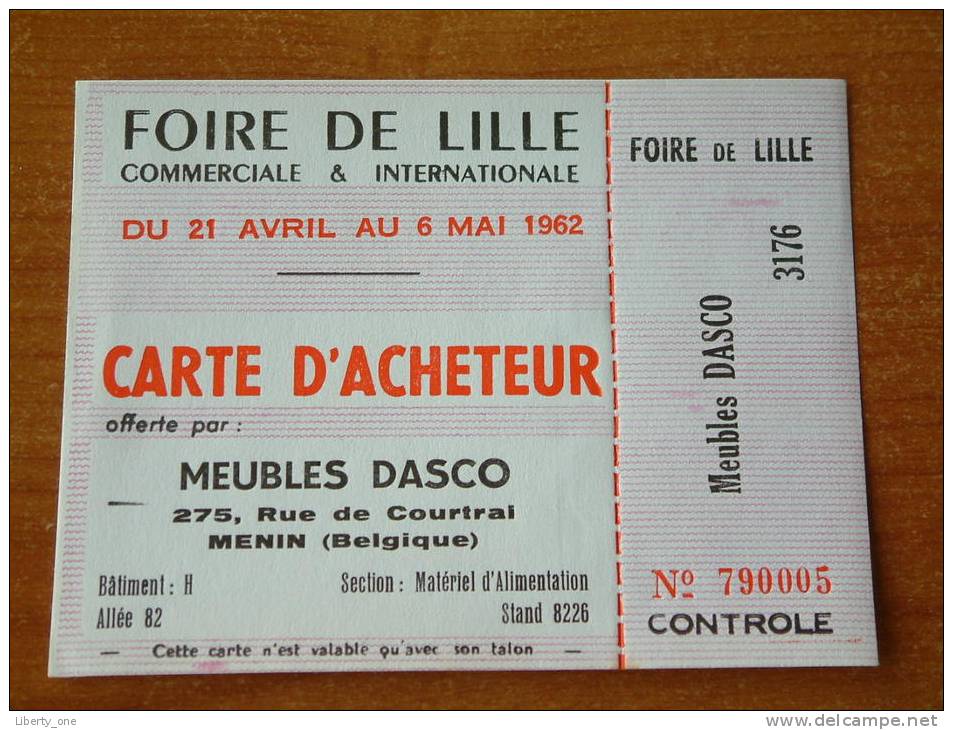 FOIRE DE LILLE 1962 - Carte D'ACHETEUR / Meubles Dasco MENIN ( 10 Carte D'Entrée ) ! - Tickets D'entrée