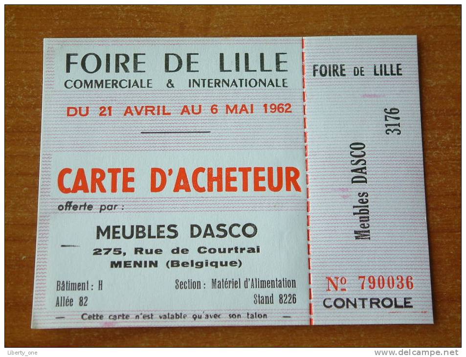 FOIRE DE LILLE 1962 - Carte D'ACHETEUR / Meubles Dasco MENIN ( 10 Carte D'Entrée ) ! - Tickets - Vouchers