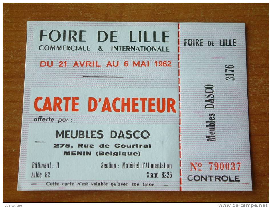 FOIRE DE LILLE 1962 - Carte D'ACHETEUR / Meubles Dasco MENIN ( 10 Carte D'Entrée ) ! - Tickets D'entrée