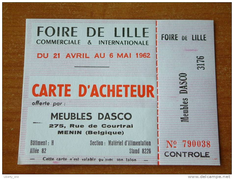 FOIRE DE LILLE 1962 - Carte D'ACHETEUR / Meubles Dasco MENIN ( 10 Carte D'Entrée ) ! - Tickets - Vouchers