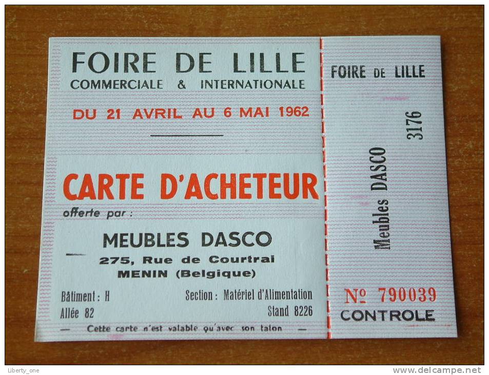 FOIRE DE LILLE 1962 - Carte D'ACHETEUR / Meubles Dasco MENIN ( 10 Carte D'Entrée ) ! - Tickets D'entrée