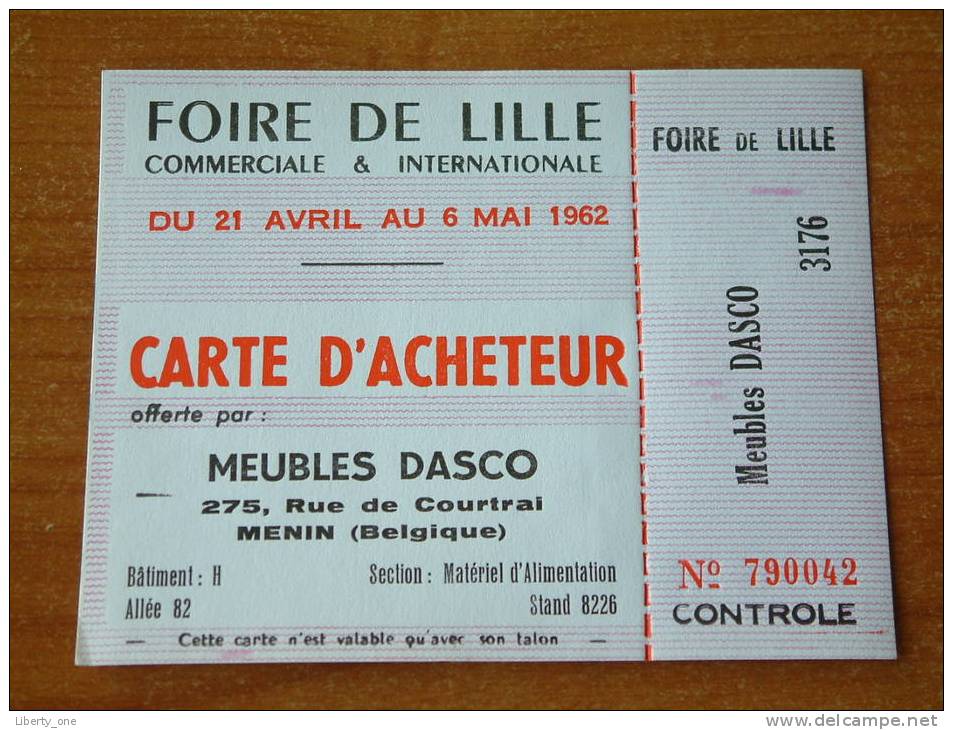 FOIRE DE LILLE 1962 - Carte D'ACHETEUR / Meubles Dasco MENIN ( 10 Carte d'Entrée ) !