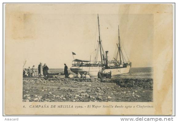 Campana De Melilla 1909 El Vapor Sevilla Dando Agua A Chafarinas  Boumendil Sidi Bel Abbès - Melilla