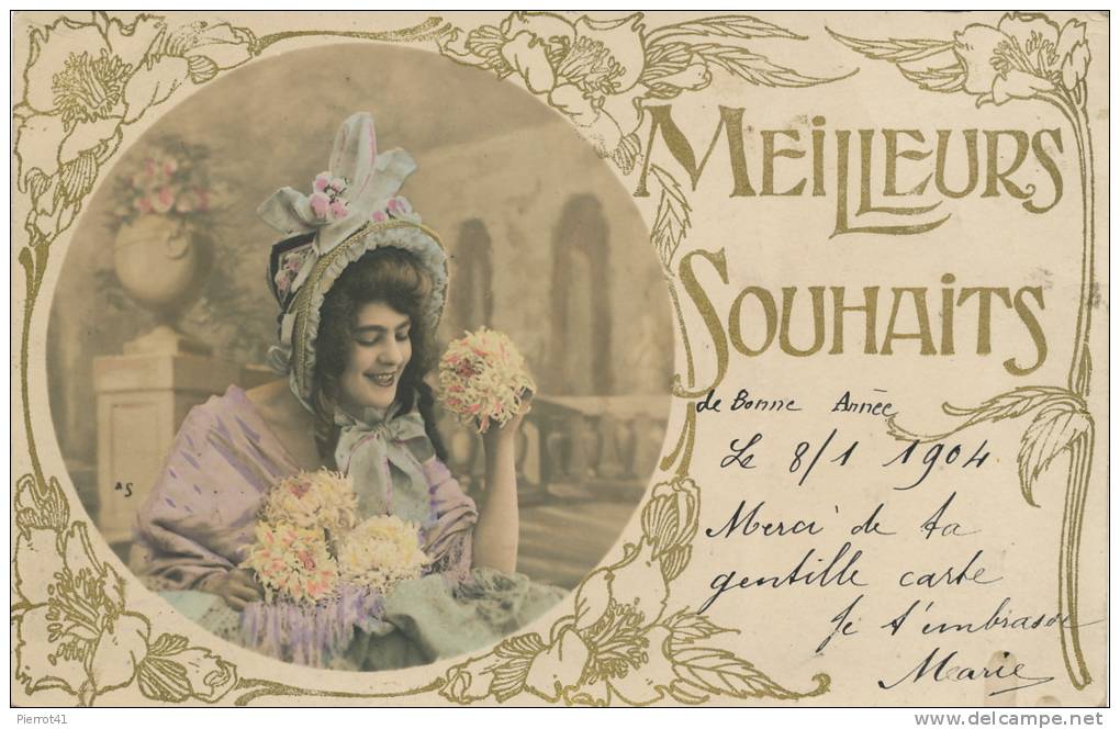 Jolie Carte Fantaisie Femme Avec Chapeau Et Fleurs De "Meilleurs Souhaits" - Women