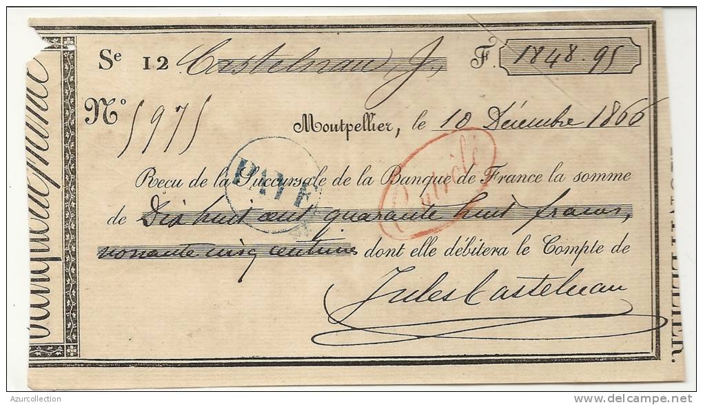 REÇU DE LA BANQUE DE FRANCE DE MONTPELLIER . 1866 - Autres & Non Classés