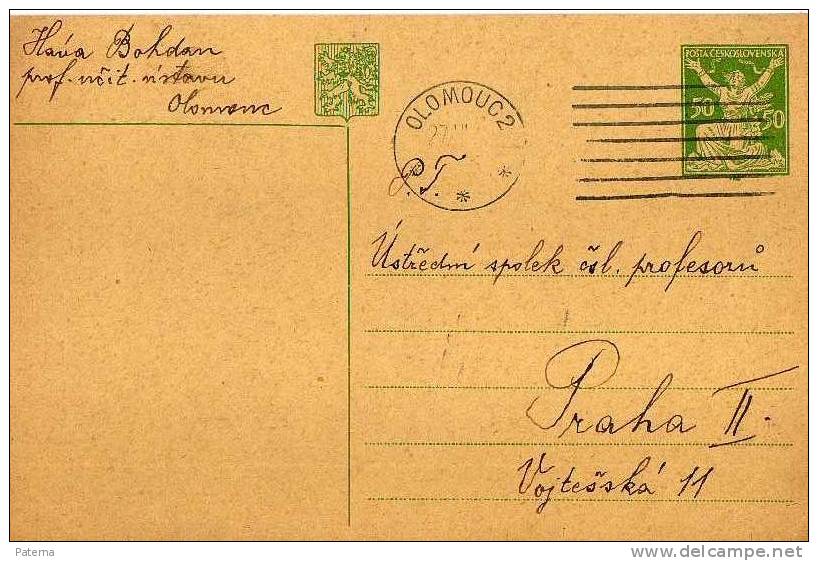 Entero Postal  Olomouc 1926, Entier Postal  , Checoslovaquia, - Cartes Postales