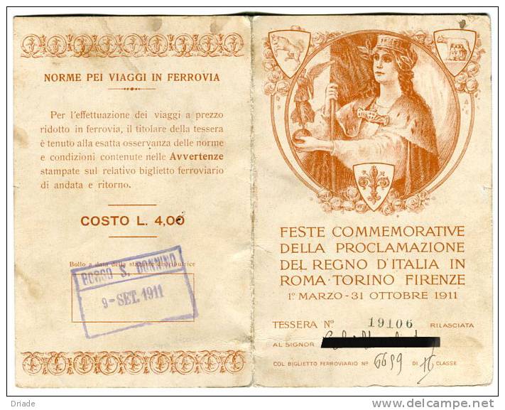 CARTOLINA TESSERA FESTA COMMEMORATIVA PROCLAMAZIONE REGNO D'ITALIA IN ROMA TORINO FIRENZE ANNO 1911 - Manifestazioni