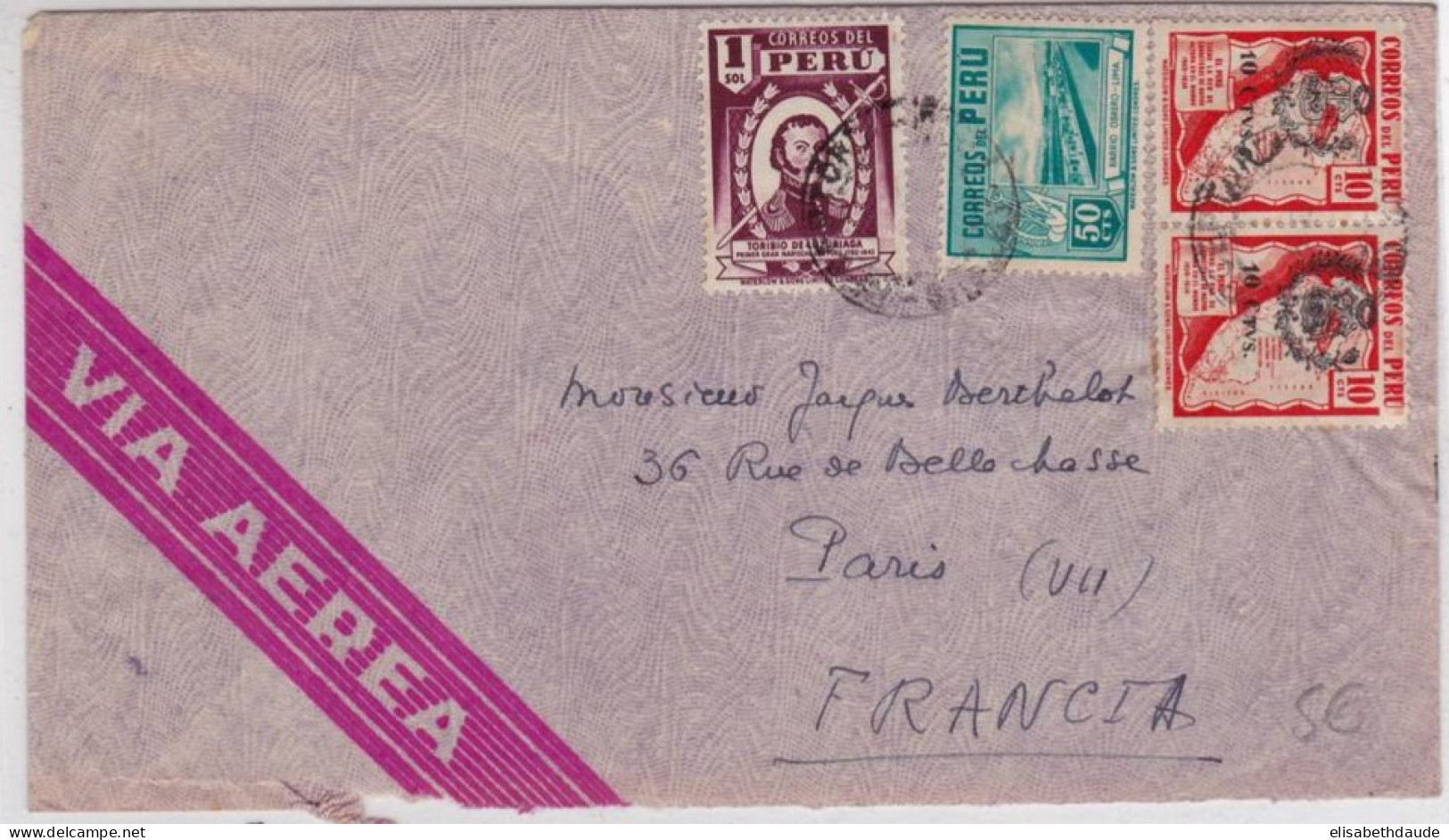 PERU - 1949 - ENVELOPPE Par AVION De LIMA Pour PARIS - Peru