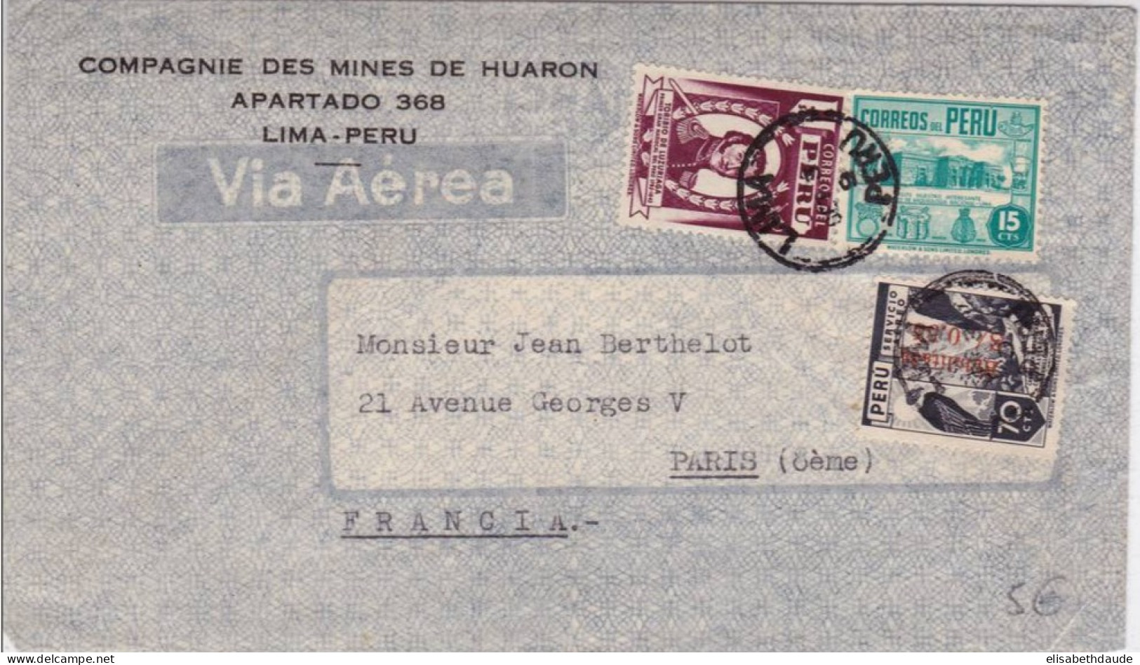 PERU - 1949 - ENVELOPPE Par AVION De LIMA Pour PARIS - Peru