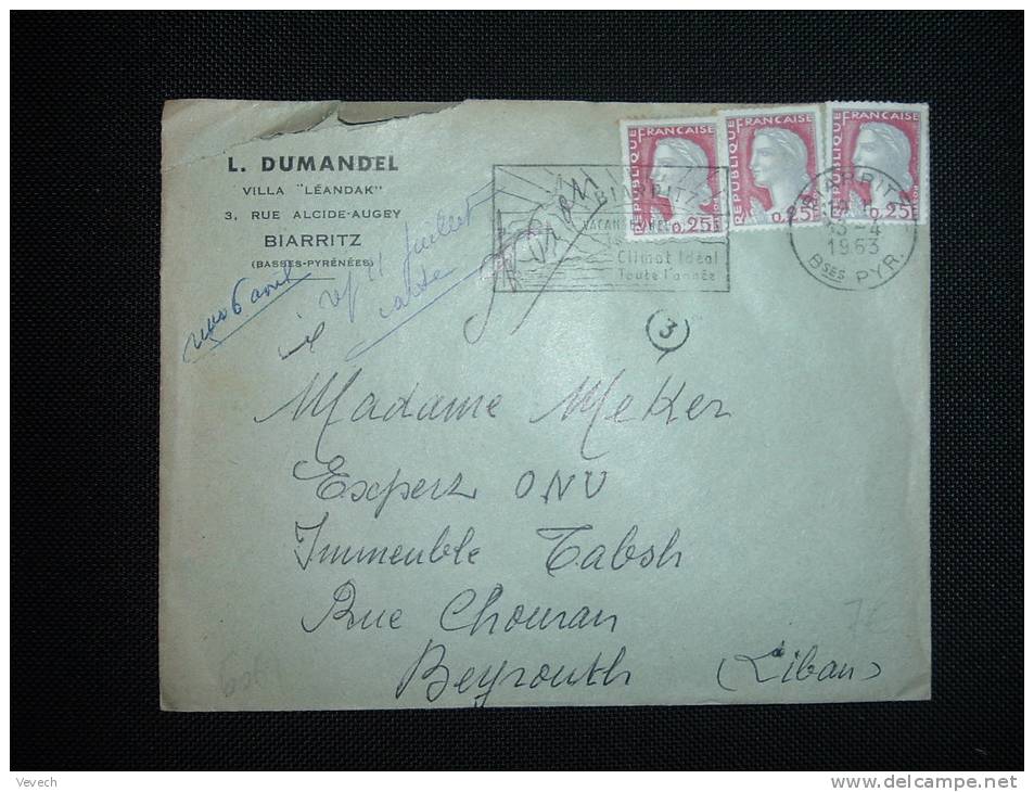 LETTRE POUR ETRANGER TYPE MARIANNE DE DECARIS 0,25 F X3 OBL. MECANIQUE 13-4-1963 BIARRITZ (64 PYRENEES ATLANTIQUES) - 1960 Marianne Of Decaris