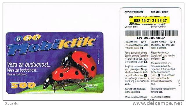 SERBIA - MOBIKLIK 063  (GSM RECHARGE ) -  LADYBIRDS: 500 EXP. 12.01     -  USED °   -  RIF. 2981 - Ladybugs