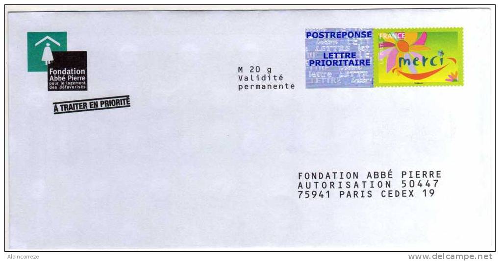 Entier Postal PAP Réponse POSTREPONSE Paris Fondation Abbé Pierre Autorisation 50447 N° Au Dos: 10P357 - Prêts-à-poster:reply