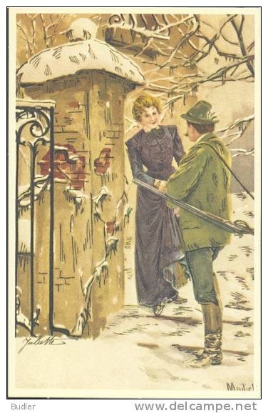 Illustration:FEMME Et CHASSEUR–Style Art Nouveau-Reproduction D'une Carte Ancienne-Nieuwe Postkaart/Carte Postale Neuve - 1900-1949