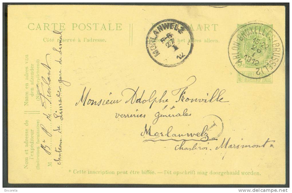 EP Carte 5 Centimes Armoirie, Obl. Sc Ambulant ARLON-BRUXELLES-BRUSSEL 2 Du 26-I-1912 Vers Morlanwelz.  - 7516 - Briefkaarten 1909-1934