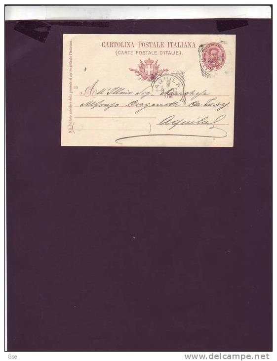 ITALIA  1899 -  CP - Mill. 99 - Da  Napoli Ad Aquila - Stamped Stationery