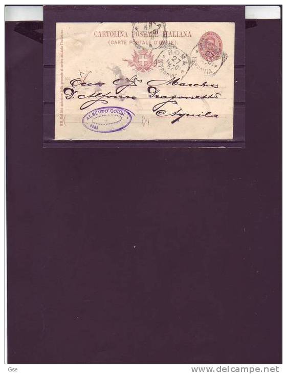 ITALIA  1901 -  CP - Mill. 901 - Da  Roma  Ad Aquila (con Timbro Pubblicitario) - Stamped Stationery