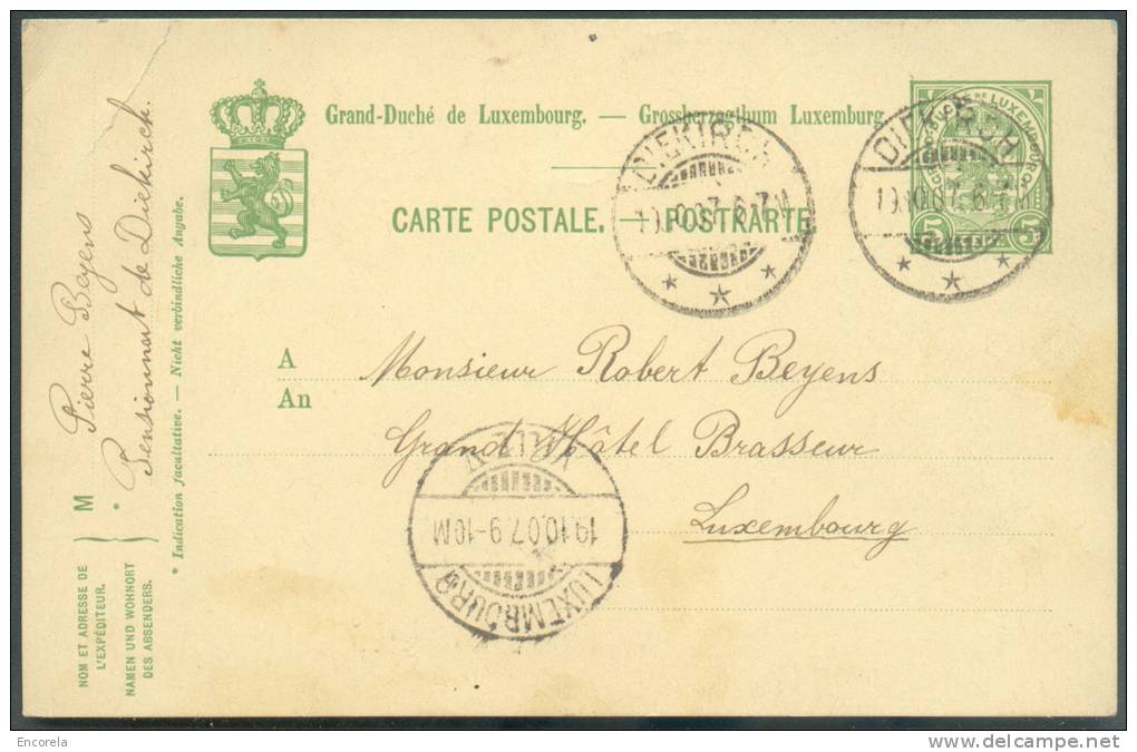 EP Carte 10 Centimes  Armoirie Obl. Dc DIEKIRCH *** Du 18-10-1917 Vers Hotel Brasseur à Luxembourg.  7545 - Postwaardestukken