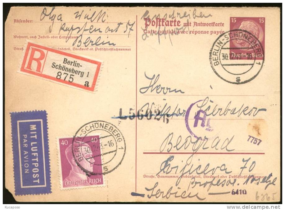 3rd REICH REPLY AIR MAIL R-POSTAL CARD BERLIN TO BELGRADE 1943 - Briefe U. Dokumente