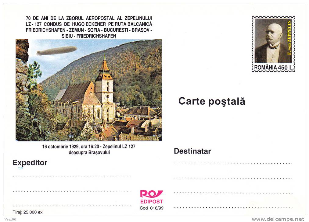 ZEPPELIN LZ - 127,DIRIJABLE,HUGO ECKENER,FRIEDRICHSHAFEN - SIBIU,1999,STATIONERY CARD ENTIER UNUSED,ROMANIA. - Zeppelin