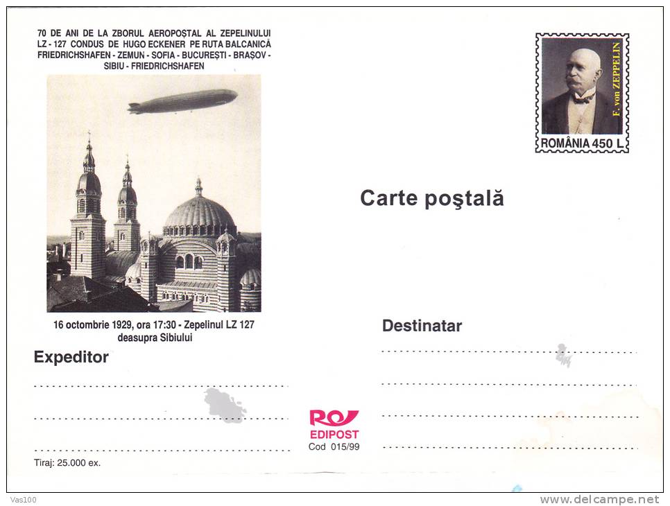 ZEPPELIN LZ - 127,DIRIJABLE,HUGO ECKENER,FRIEDRICHSHAFEN - SIBIU,1999,STATIONERY CARD ENTIER UNUSED,ROMANIA. - Zeppelins