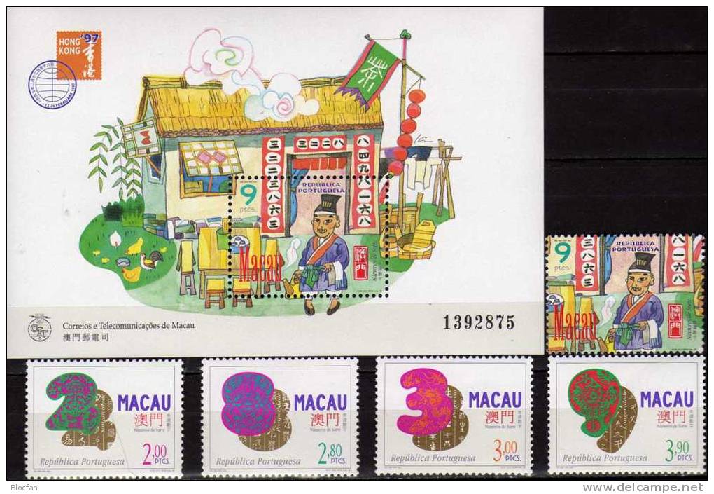 Chinesische Glückszahlen 1997 Macao 894/8+ Block 42 ** 19€ Expo Hong Kong Verkäufer Mit Zahlen Am Eingang Sheet Of MACAU - Collezioni & Lotti