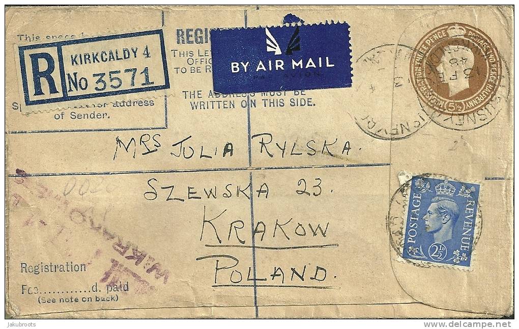 REGISTERED  VALUES  LETTER  FROM   KIRKCALDY ,  SCOTLAND --KRAKÓW   1948. - Vliegtuigen