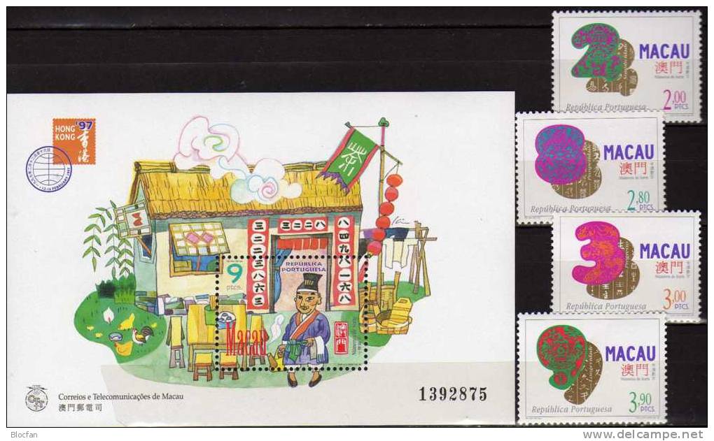 Chinesische Glückszahl 1997 Macao 894/7 Plus Block 42 ** 13€ Expo Hong Kong Verkäufer Mit Zahl Am Eingang Sheet Of MACAU - Astrologie