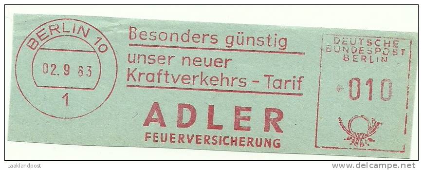 Germany Nice Cut Meter ADLER Feuerversicherung, Berlin 2-9-1963 - Feuerwehr