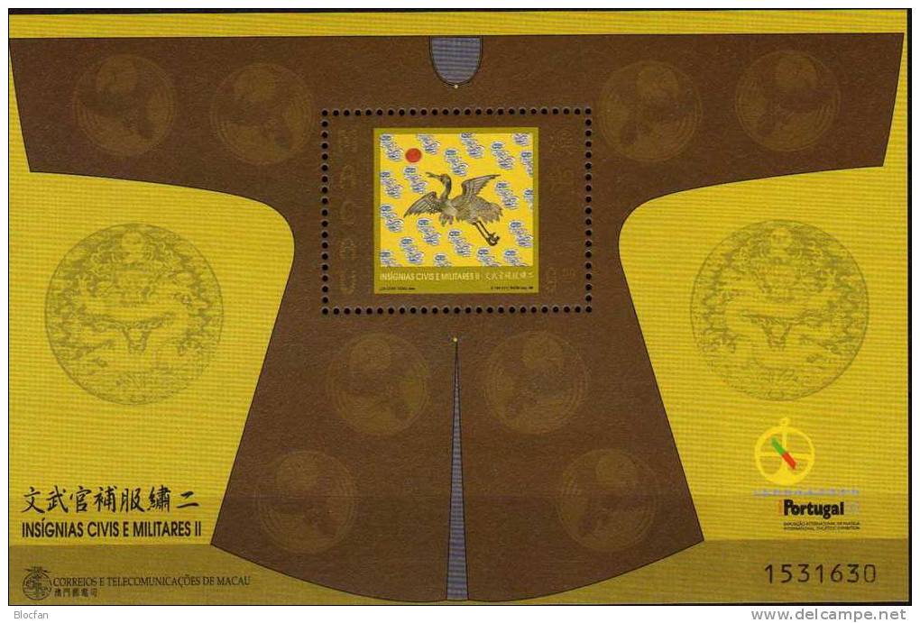 EXPO Lisboa 1998 Macao Block 58 ** 3€ Militär-Orden Kranich Der Mandarine Bf Philatelic Bloc Art Military Sheet Of MACAU - Hôtellerie - Horeca