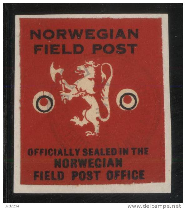 NORWAY 1943 WW2 FIELD POST NORSK FELTPOST ARMY CORPS FORCES IN EXILE LETTER-SEAL ON PIECE DARK RED TYPE 2 World War II - Fantasie Vignetten