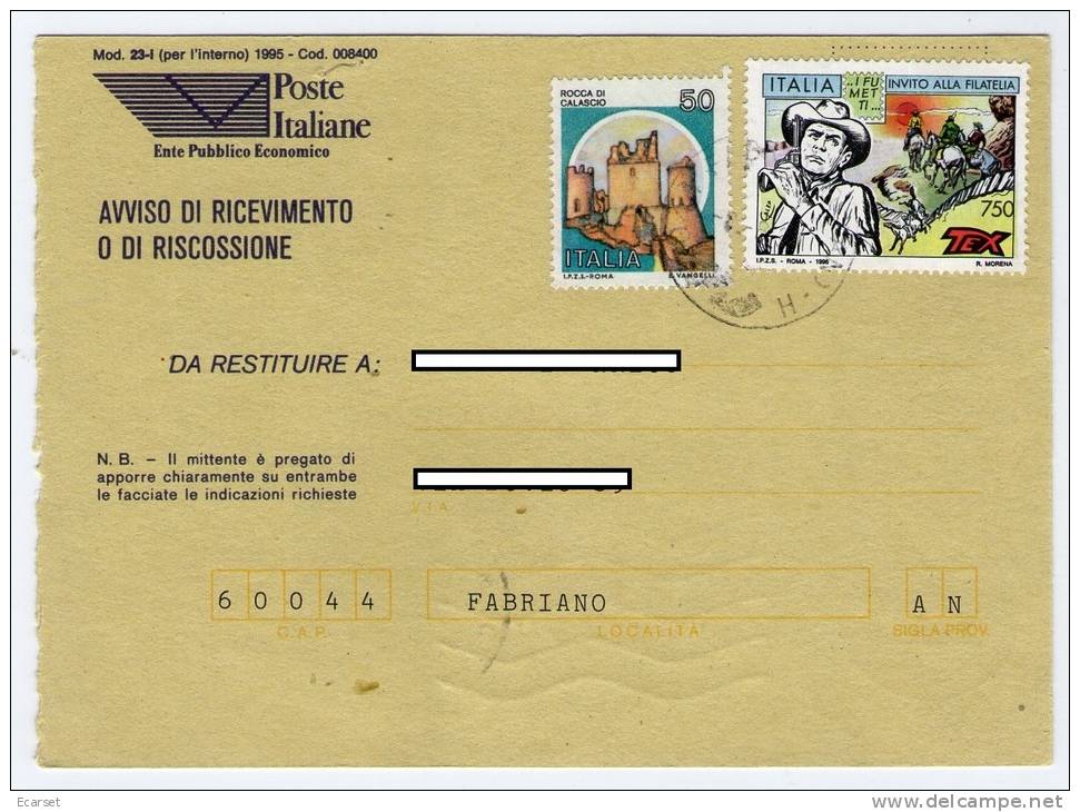 AVVISO DI RICEVIMENTO Di Una Raccomandata Da Fabriano A Camerino Affr. "Tex Willer" + Castelli. 08/08/1997 - 1991-00: Storia Postale