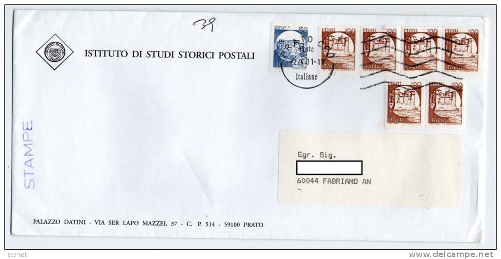 CASTELLI PER MACCHINETTE, Striscia Di 4 E Coppia Del 100 L + 50 L. Su Lettera Da Prato Per Fabriano. 02/04/2001 - 2001-10: Storia Postale