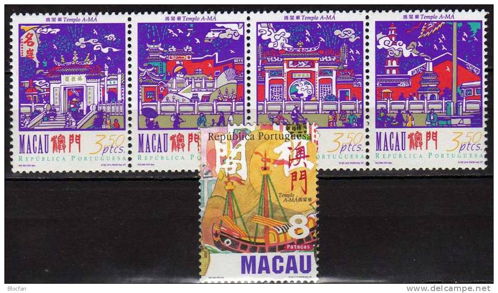 Tempel A-Má Chinesische Dschunke 1997 Macao 908/1 Plus 912 ** 9€ Architektur Feuerwerk  über Palast Se-tenant Of MACAU - Moskeeën En Synagogen