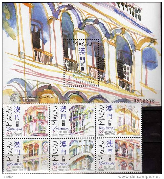 Gebäude Balkone Veranda Galerie 1997 Macao 925/0 ZD+Block 47 ** 9€ Architektur Bau Von Balkon China Bloc Sheet Of MACAU - Unused Stamps