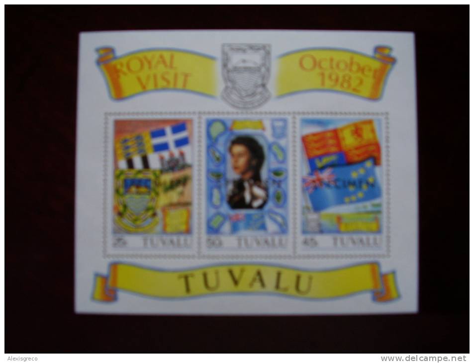 TUVALU  1982  SPECIAL MINISHEET For ROYAL VISIT-3 Values W/M Inverted, O/P SPECIMEN And MNH. - Tuvalu