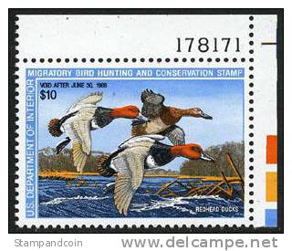 US RW54 SUPERB Mint Never Hinged Duck Stamp From 1987, Corner Plate Number - Duck Stamps