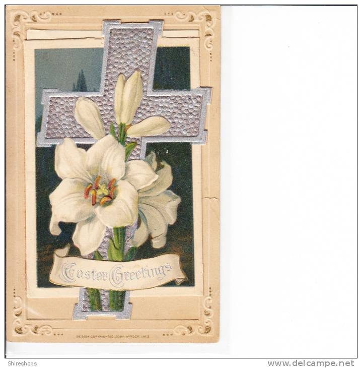 Easter Greetings Silver Cross Opens To Poem And Painting Of Lily And Church Scene - Easter