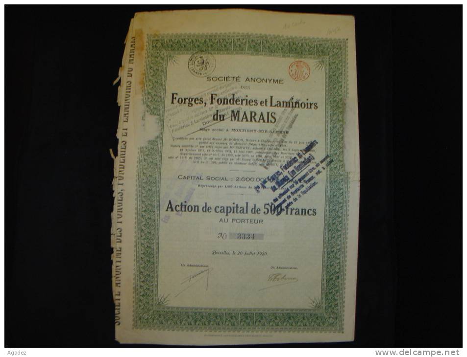 Action " Forges,fonderies Et Laminoirs Du Marais " Montigny Sur Sambre 1920.Industrie Charleroi. - Industrial
