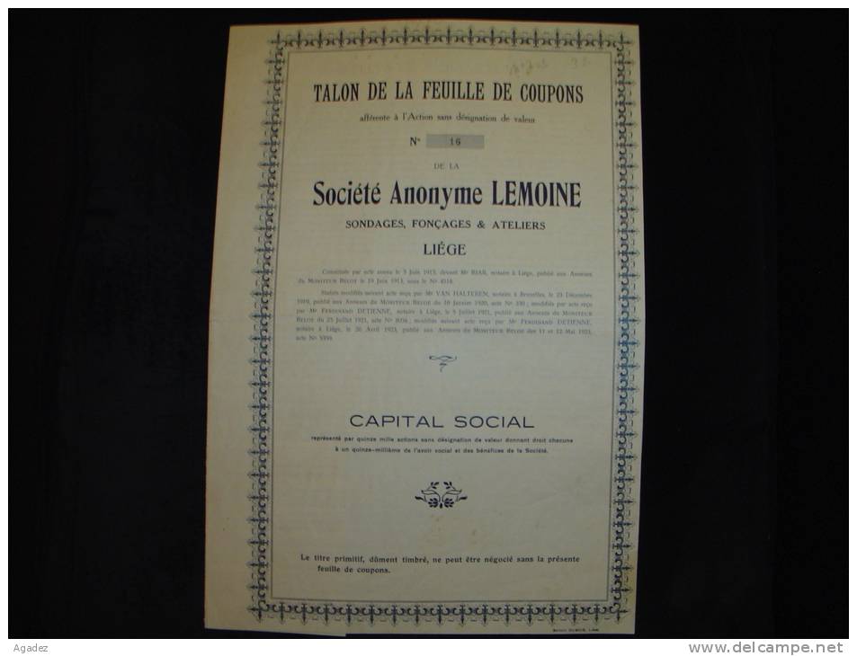 Talon De La Feuille De Coupons " S.A.Lemoine  "Sondages,fonçages Et Ateliers Liège 1923 Reste Des Coupons. - Industrie