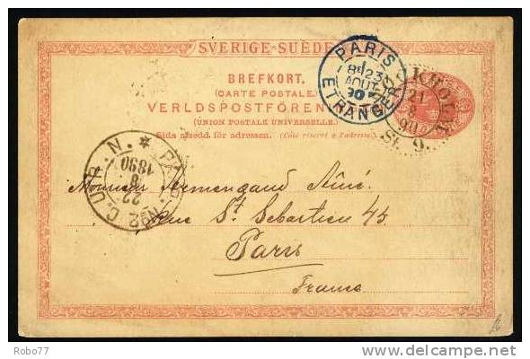 1890 Sweden Postal Card Sent To Paris, France. Stockholms 21.8.90.  (G17b001) - Ganzsachen