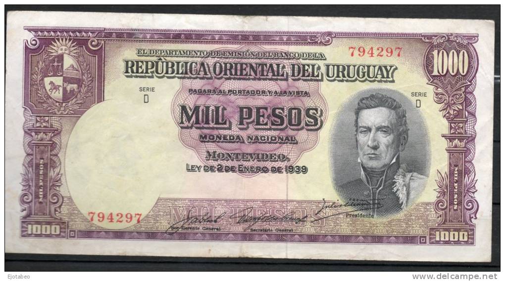 6 URUGUAY -Emitidos Desde 1939 A 1966- Bill. Nº 40-Bco. República O.del Uruguay-1 Bill. De 1000 - Uruguay