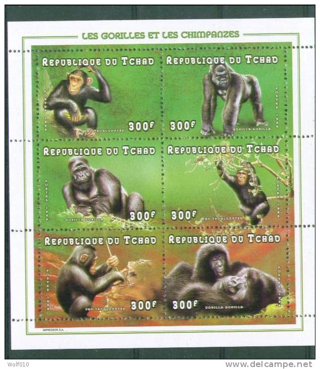 Chad. Gorillas & Chimpanzees.  1998. MNH Sheet Of 6. SCV = 8.00 - Gorilla's