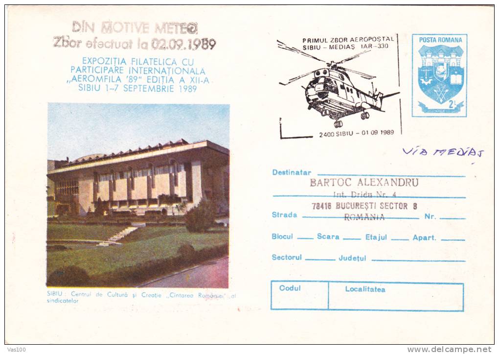 HELICOPTERES - 1989,COVER STATIONERY OBLIT.CONCORDANTE SIBIU ROMANIA. - Helikopters