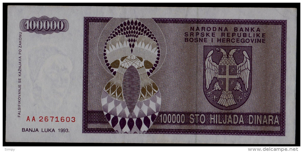 BOSNIA & HERZEGOVINA  Banja Luka -  100.000 Dinara 1993  Pick 141   XF/aUNC - Bosnia And Herzegovina