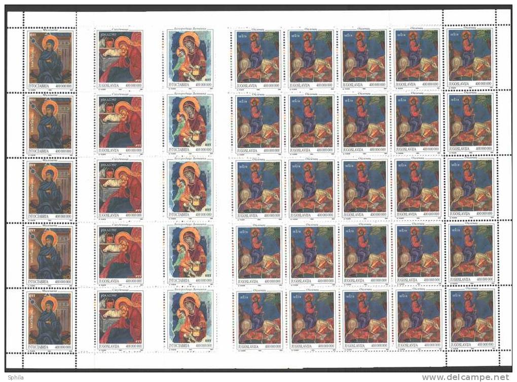 Jugoslawien – Yugoslavia 1993 Art – Icons In Full Sheets Of 25 MNH; Michel # 2637-40 - Ungebraucht
